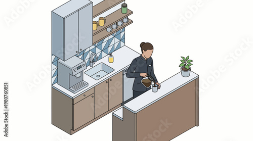 Businessman working in an open office kitchen area with modern appliances