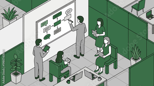 Colleagues collaborate in a modern open office space for business