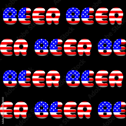 A seamless pattern featuring a repeating illustration of the text "Beer" and an American flag, isolated on a black background. Ideal for fabric, wallpaper, wrapping paper, or digital backgrounds.