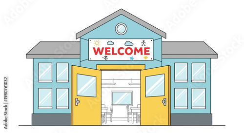 School building, welcome sign, open doors, educational architecture, vector illustration
