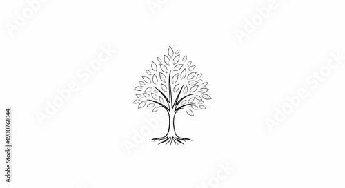 A black and white drawing of a tree with roots and leaves