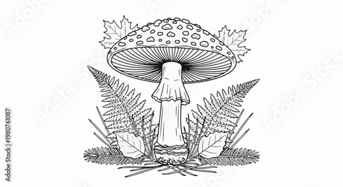 A black and white illustration of a spotted mushroom surrounded by ferns