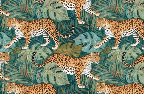 Leopard seamless pattern with tropical leaves background. High quality photo