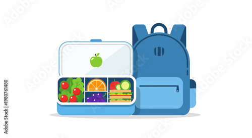 Back to school, lunch box, blue backpack, healthy food, vector illustration, kids meal, snack