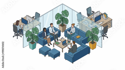 A modern business meeting takes place in an open office with colleagues and plants.