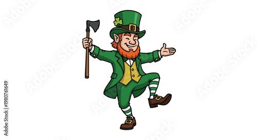 Happy Leprechaun Dancing with Axe St. Patrick's Day Irish Character.