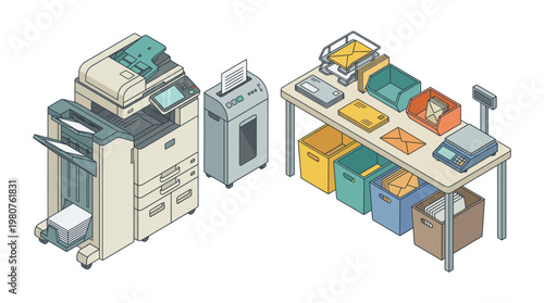 An office scene with a printer, copier, and a cluttered worktable in an open office business setting with various office supplies