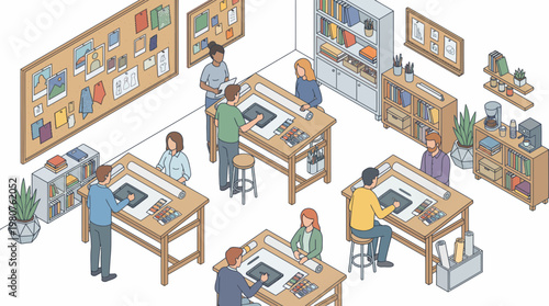 A group of colleagues collaborate in a busy open office space for business