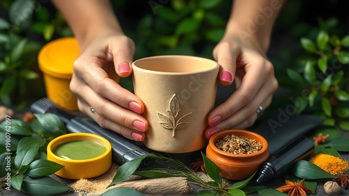 Woman's hands holding a beige ceramic cup with a leaf design on it surrounded by natural ingredients and green leaves on a dark surface