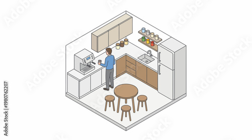 Business professional working in an open office kitchen area with furniture