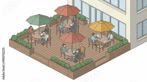 People dining on a outdoor patio at an open office building on a sunny day with tables and umbrellas surrounded by business