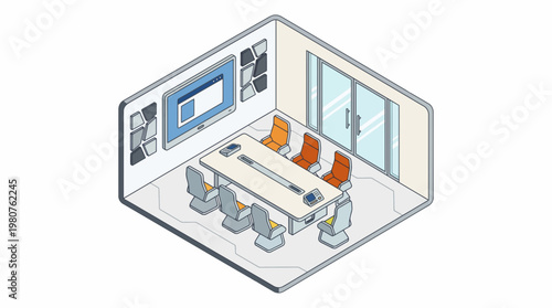 Employees collaborate in modern open office business meeting room with table and chairs