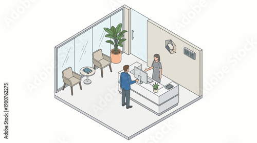 Employees interact in an open office business environment with modern furniture