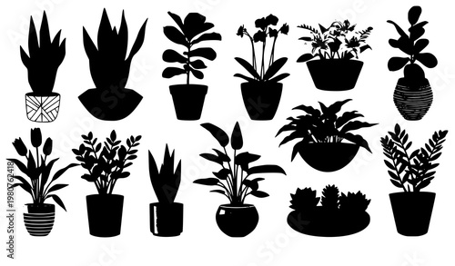 Decorative plant pot icon set home floral vector collection