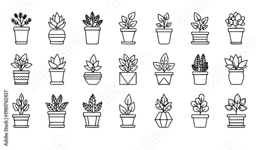 Plant pot line icon set leaf gardening vector collection