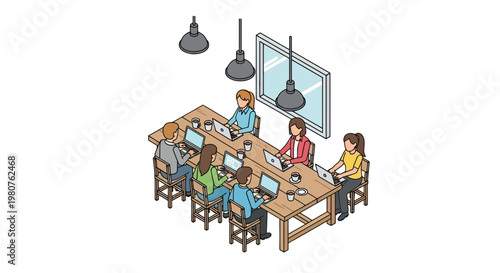 Colleagues in an open office setting discuss business around a large wooden table.