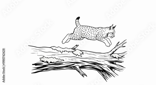 A black and white drawing of a spotted cat leaping over a log
