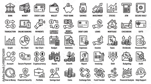 Financial icons representing banking, investments, credit cards, savings, transactions, online banking, and cryptocurrency for digital and print use