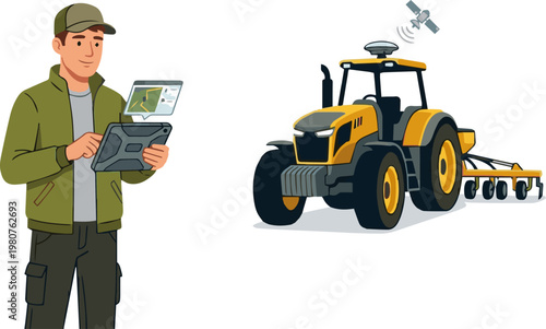 Digital agriculture concept: farmer using tablet for field mapping and modern tractor with gps technology