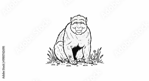 A black and white drawing of a seated ape-like creature with fur texture