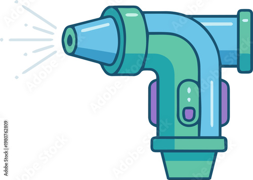 Modern flat illustration of a teal spray nozzle dispensing liquid for cleaning, gardening, and industrial applications