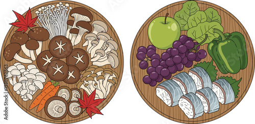 Japanese Ingredient Plate Illustration Set Featuring Mushrooms, Vegetables, Fish Rolls and Fresh Produce Arranged on Wooden Trays for Cooking and Cuisine Design Isolated on White Background