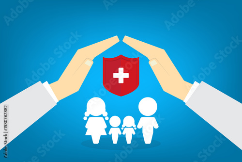 Health insurance protection concept with family under protective hands and medical shield, healthcare, safety, life coverage, security, support concept	