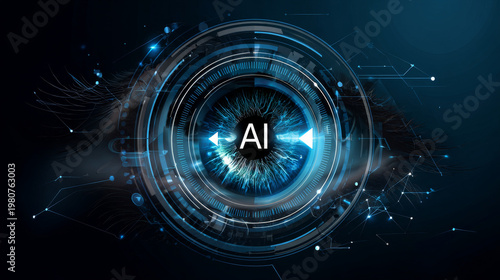 Artificial intelligence with curved arrow in AI eye robot circle analysis technology logo vector illustration design concept, representing futuristic technology, digital transformation, ui, AGI. 