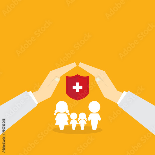 Health insurance protection concept with family under protective hands and medical shield, healthcare, safety, life coverage, security, support concept	