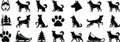 Husky Dog Icon Set – Black Silhouette Sled Dog and Arctic Nature Vector Collection, Pet Animal Illustration Isolated on White Background