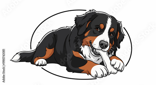 A cartoon Bernese Mountain Dog chews a bone within an oval frame