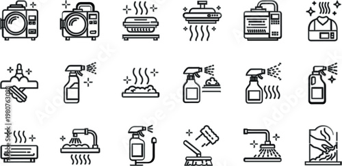 Cleaning and washing icon collection with appliances, spray bottles and hygiene tools, minimal line vector set for household chores, sanitation and maintenance design