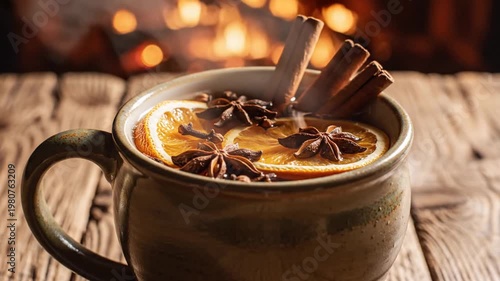 Warm beverage with spices and orange slices in a ceramic mug