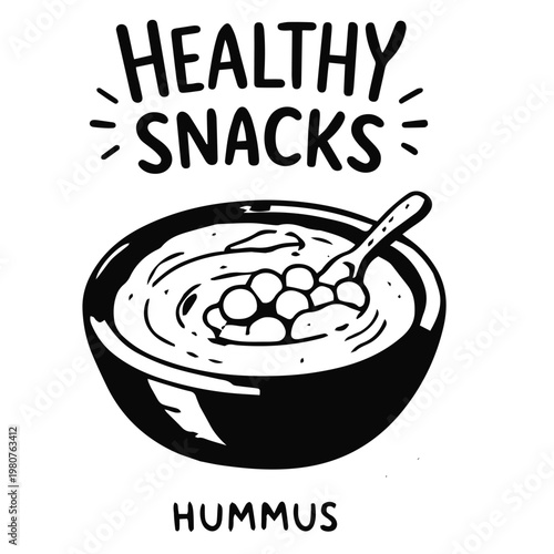 Healthy snacks hummus bowl doodle illustration with dip and chickpeas

