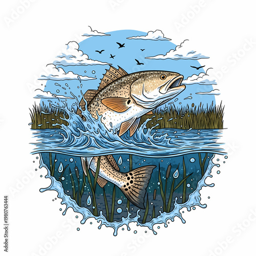 Speckled trout jumping out of water with marsh reeds in background