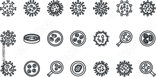 Virus and bacteria icon collection with microscopic cells and pathogens, detailed line vector set for medical, microbiology, infection, research and healthcare design concepts