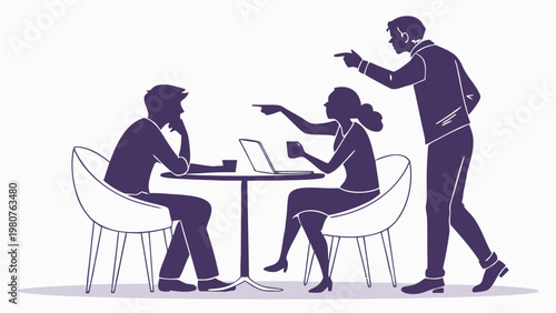 Business team discussing ideas around a table in a modern office setting with laptops