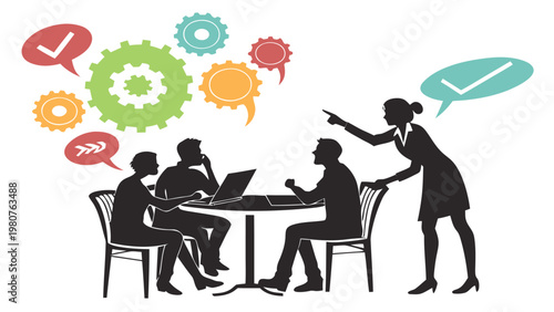 Business team discussing ideas around a table with laptops and colorful speech bubbles