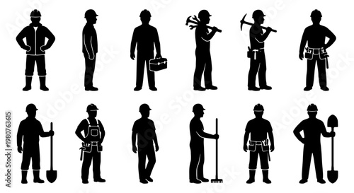 Construction worker silhouettes set, industrial laborer icons with tools and hard hats, professional builder and contractor vector collection