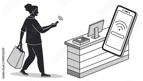 Person making contactless payment with smartphone at checkout counter in store