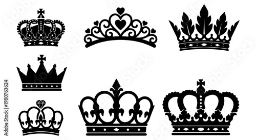 Royal crown silhouettes set, black imperial tiara and monarch headwear icons, 7 vector elements for heraldic design and luxury branding