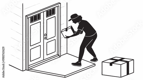 Person in silhouette opening a package at a residential doorstep with another box nearby