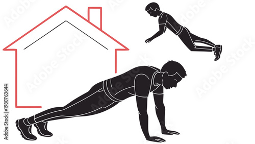 Person doing push ups at home in a house outline background exercising and stretching in a fitness routine