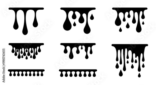 Black dripping paint silhouettes, liquid drip borders and ink splash vector set, melting slime and oil drop graphic elements for design