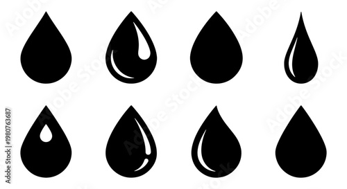 Black water drop icons set, 8 liquid droplet vector elements, minimalist oil and rain drop silhouettes for web design and infographics