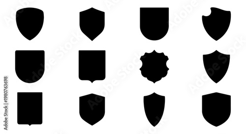 Heraldic shield silhouette collection, set of 12 black crest icons, medieval armor shield shapes for logo design and security branding