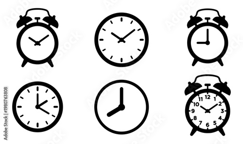 Minimalist alarm clock icon set, black and white clock vector collection, 6 time management symbols for scheduling and productivity apps