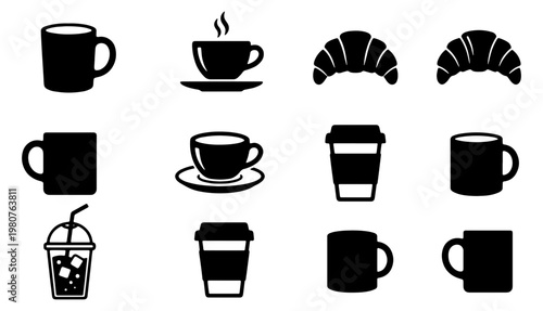 Minimalist coffee icon set, black silhouette cafe symbols with mugs and cups, 12 vector elements for restaurant menu and branding
