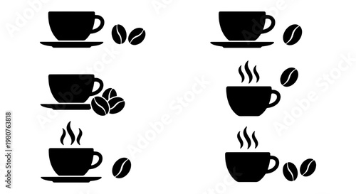Minimalist coffee cup icons set, black silhouette espresso mugs and coffee beans, flat vector collection for cafe menu and branding