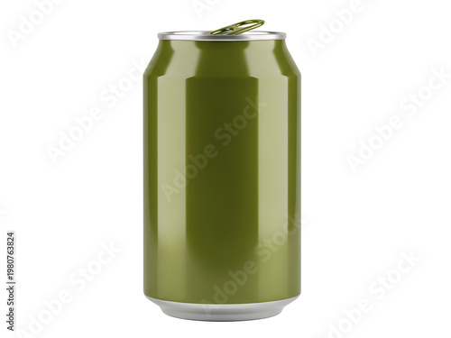 Green aluminum can with partially opened top on white background